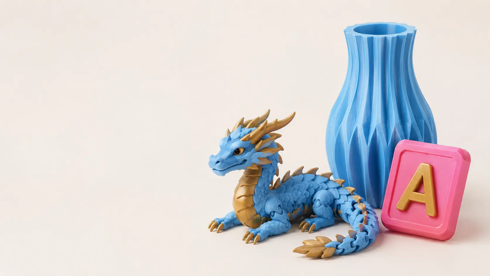 Blue and gold 3D printed dragon beside a blue vase and pink alphabet tile