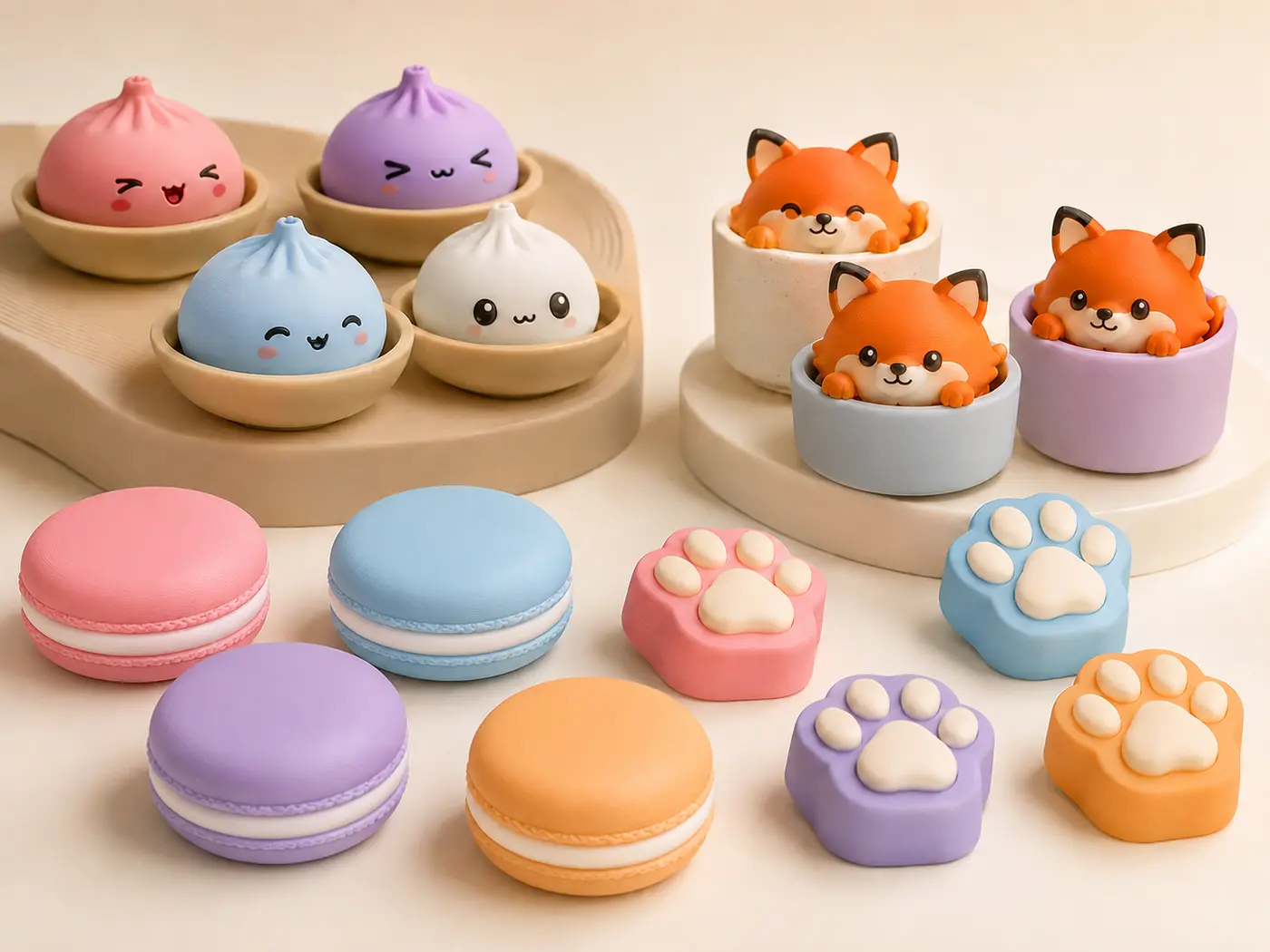 Colourful 3D printed dumpling, macaron, paw and fox clickers