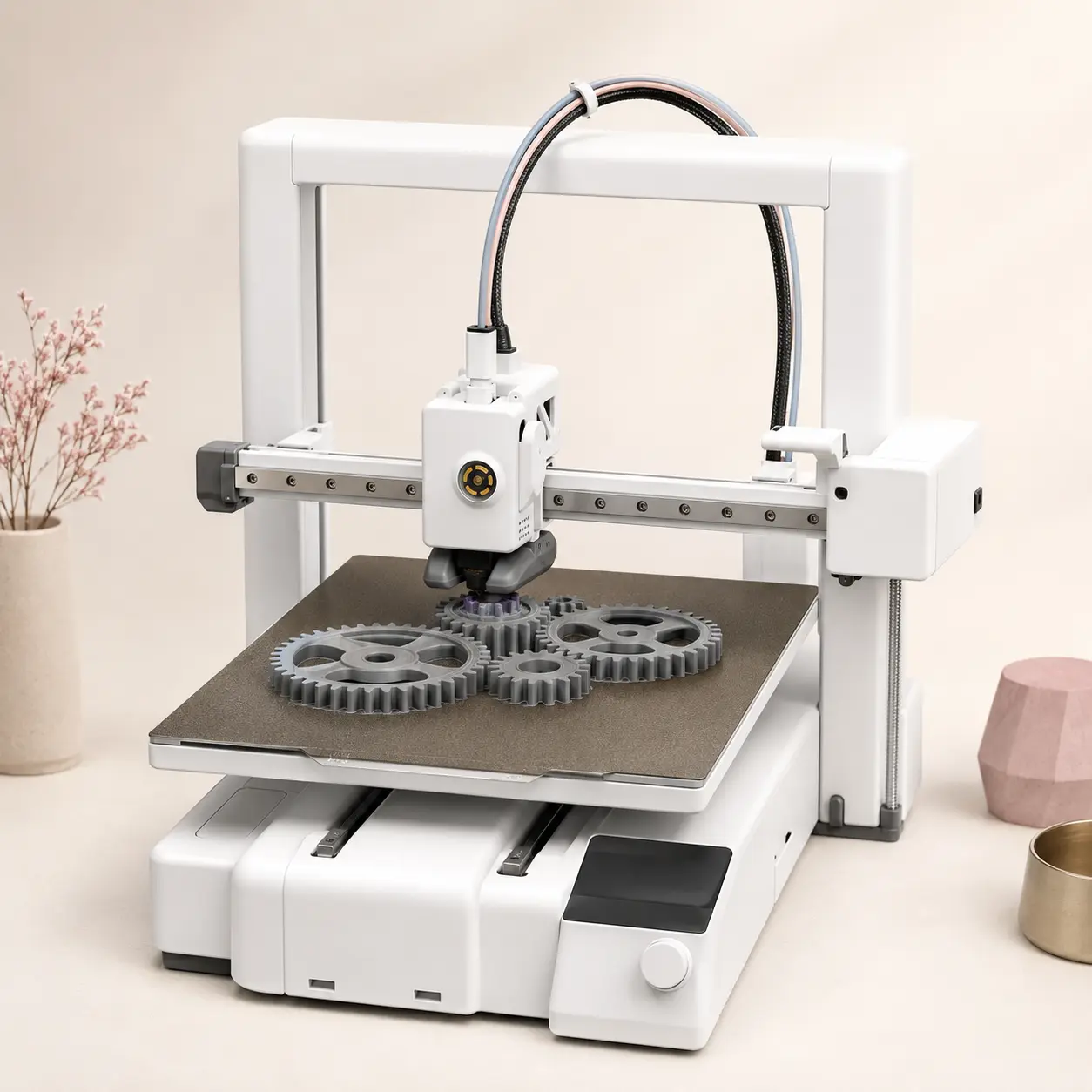 Open-frame 3D printer producing precise grey gears